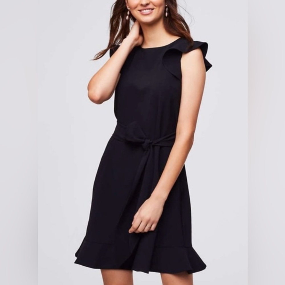 LOFT Black Flutter Sleeve Belted Dress Fit & Flare Size 2 - Picture 11 of 12
